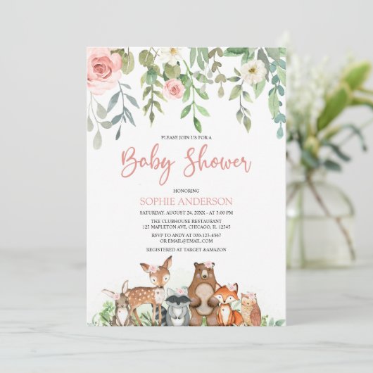 Blush Floral Woodland Animals Girl Baby Dusche Einladung (Stehend Vorderseite)