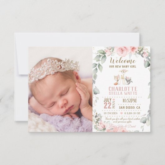 Blush Floral Woodland New Baby Girl Foto Birth Ankündigung (Vorderseite)