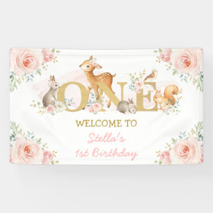 Blush Floral Woodland Tiere 1. Geburtstag Willkomm Banner