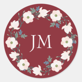 Blush Floral Wreath Burgundy Monogram Wedding Runder Aufkleber