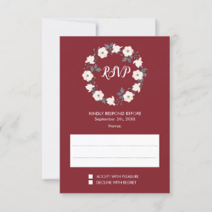 Blush Floral Wreath Burgundy Wedding RSVP Karte