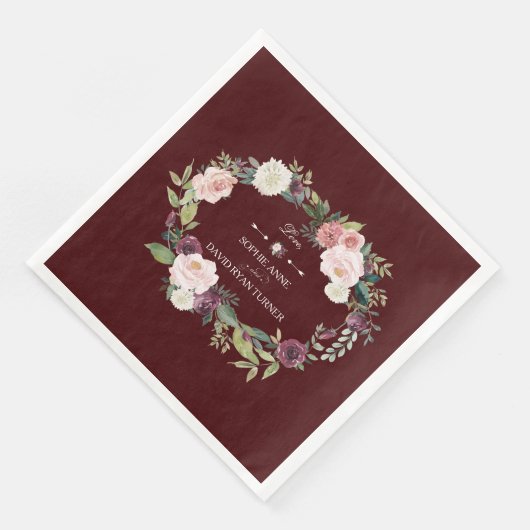 Blush Floral Wreath Burgundy Wedding Serviette (Ecke)