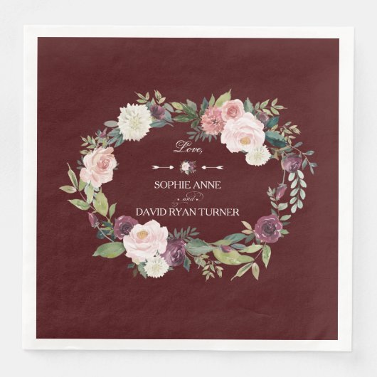 Blush Floral Wreath Burgundy Wedding Serviette (Vorderseite)