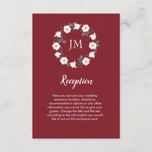 Blush Floral Wreath Monogram Burgundy Wedding Begleitkarte (Vorderseite)