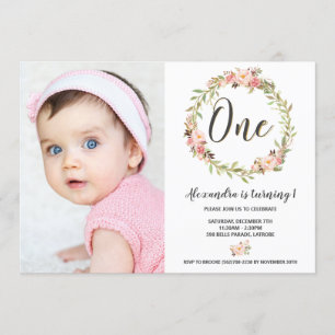 Blush Floral Wreath ONE 1. Geburtstags Girl Foto Einladung