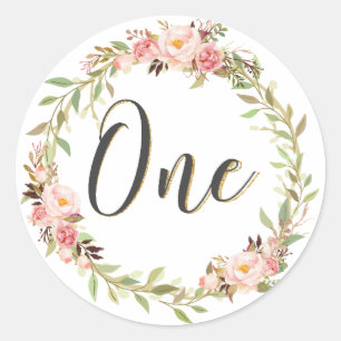 Blush Floral Wreath ONE 1. Geburtstagskarte Runder Aufkleber