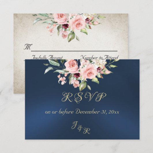 Blush Floral & Wreath RSVP - Blue Karte (Vorne/Hinten)