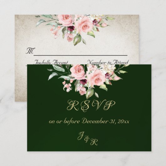 Blush Floral & Wreath RSVP - Emerald Karte (Vorne/Hinten)