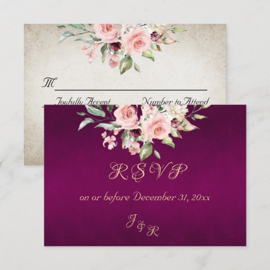 Blush Floral & Wreath RSVP - Purple Karte (Vorne/Hinten)