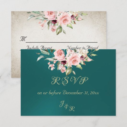 Blush Floral & Wreath RSVP - Teal Karte (Vorne/Hinten)