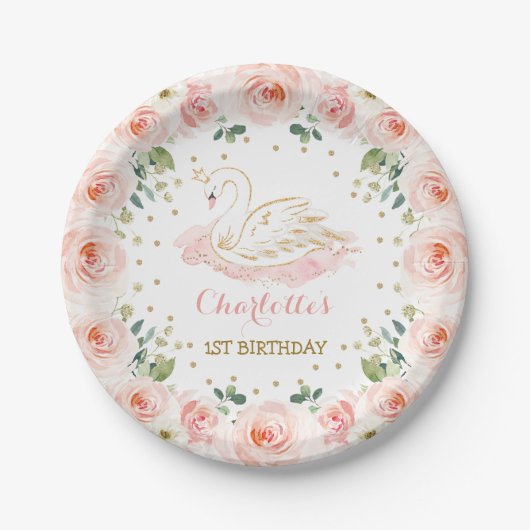 Blush Floral Wreath Swan Princess Birthday Party Pappteller (Vorderseite)