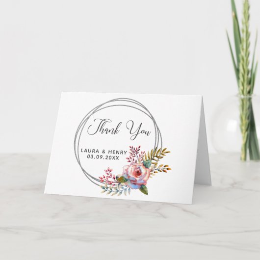Blush Floral Wreath Wedding Danke Karte (Vorderseite)