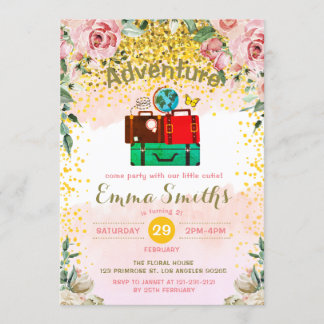 Blush Florals Adventure beginnt Geburtstag Gepäck Einladung