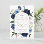Blush Florals Botanical Blue Wedding Einladung (Stehend Vorderseite)