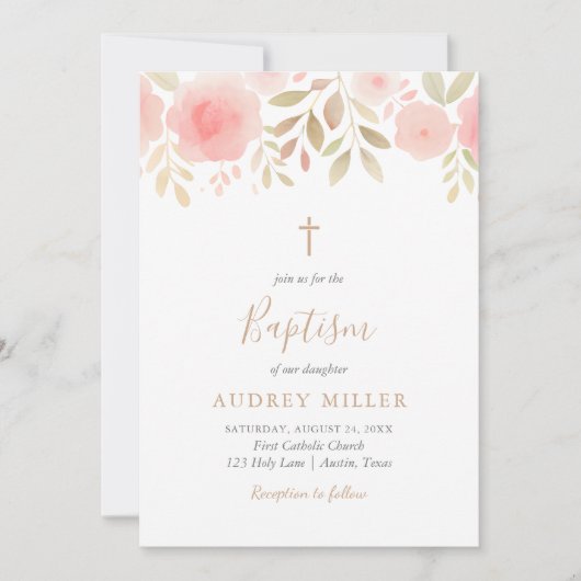 Blush Florals Cross Baptisse Einladung (Vorderseite)