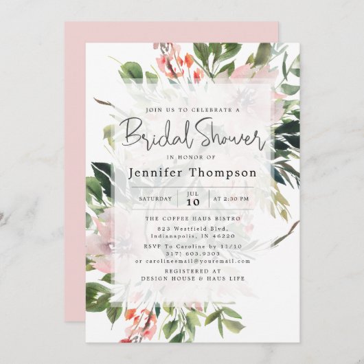 Blush Florals & Greenery Brautparty Einladung (Vorne/Hinten)