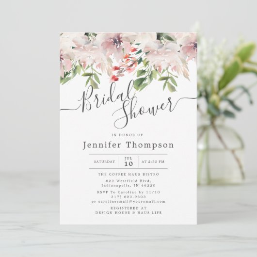Blush Florals & Greenery Brautparty Einladung (Stehend Vorderseite)