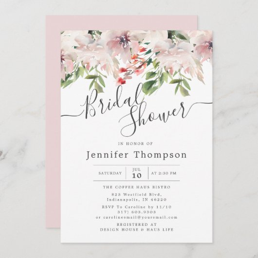 Blush Florals & Greenery Brautparty Einladung (Vorne/Hinten)