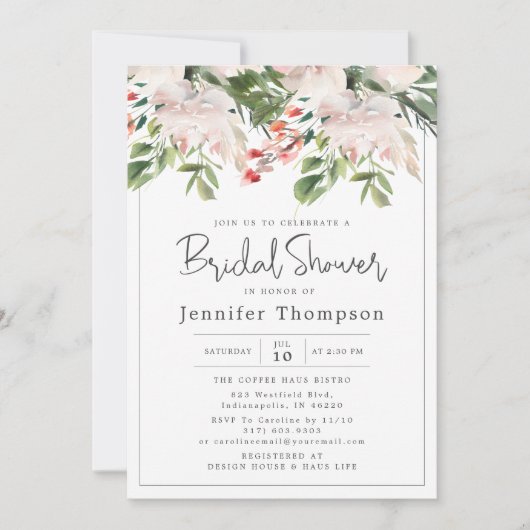 Blush Florals & Greenery Brautparty Einladung (Vorderseite)