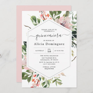 Blush Florals & Greenery Wasserfarbe Quinceañera Einladung