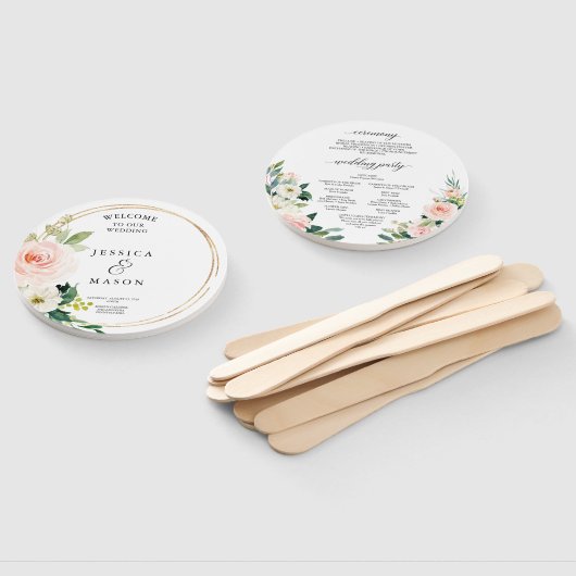 Blush Florals Round Gold Wedding Program Fan Fächer (Non-assembled)