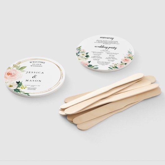 Blush Florals Round Gold Wedding Program Fan Fächer (Non-assembled)