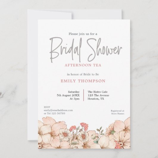 Blush Florals Script Brautparty Einladung (Vorderseite)