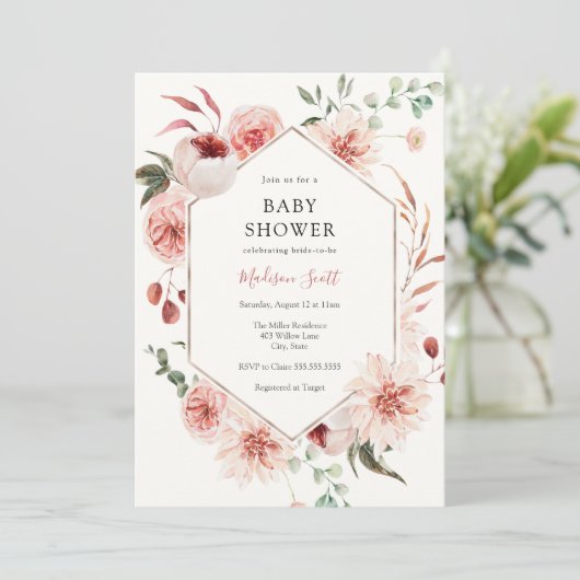 Blush Florals und Green Frame Baby Dusche Einladung (Stehend Vorderseite)