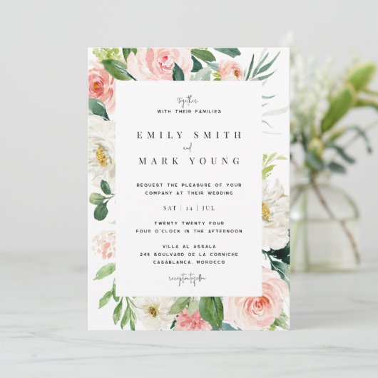 Blush Florals Wedding Einladung (Stehend Vorderseite)