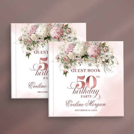 Blush Flowers and Gold 50th Birthday Guestbook Gästebuch
