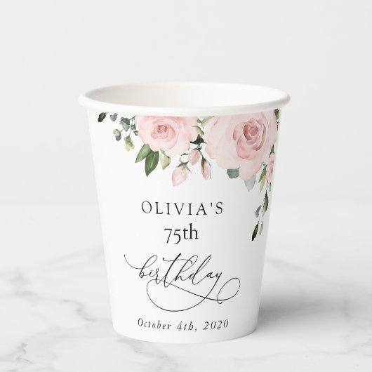 Blush Flowers, Pink Flowers, Greenery, Birthday Pappbecher (Vorderseite)