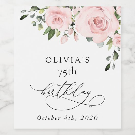 Blush Flowers, Pink Flowers, Greenery, Birthday Weinetikett (Einzelnes Label)