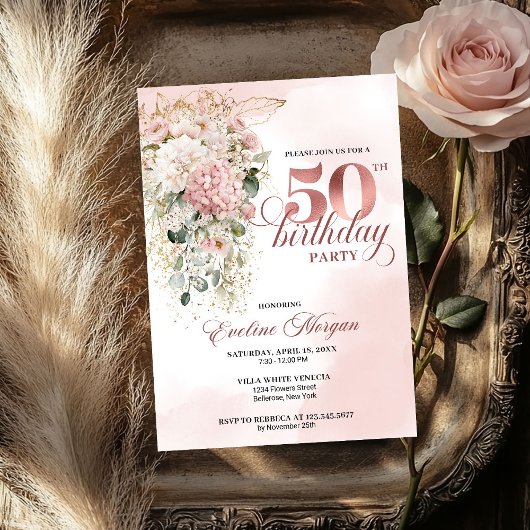 Blush Flowers Rose Gold Greenery 50th Birthday Einladung