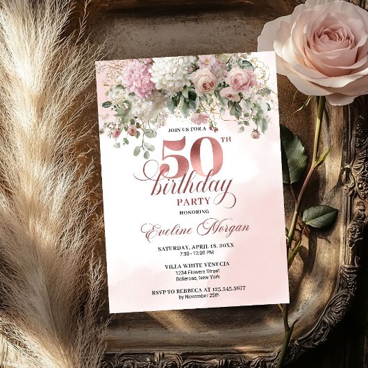 Blush Flowers Rose Gold Greenery 50th Birthday Einladung