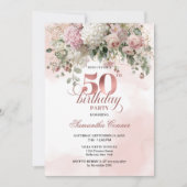 Blush Flowers Rose Gold Greenery 50th Birthday Einladung (Vorderseite)