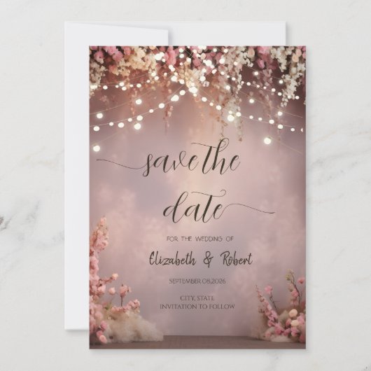 Blush Flowers String Lights Save The Date (Vorderseite)