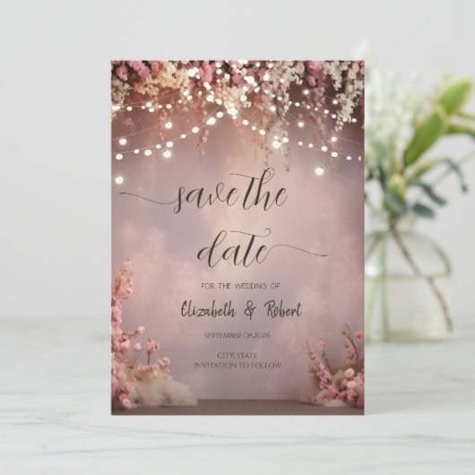 Blush Flowers String Lights Save The Date (Stehend Vorderseite)