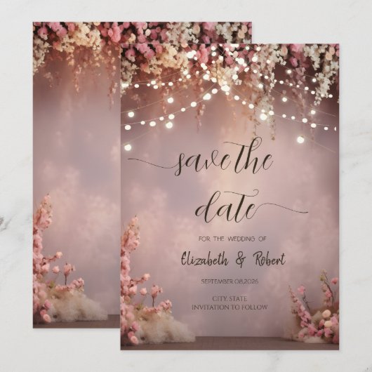 Blush Flowers String Lights Save The Date (Vorne/Hinten)