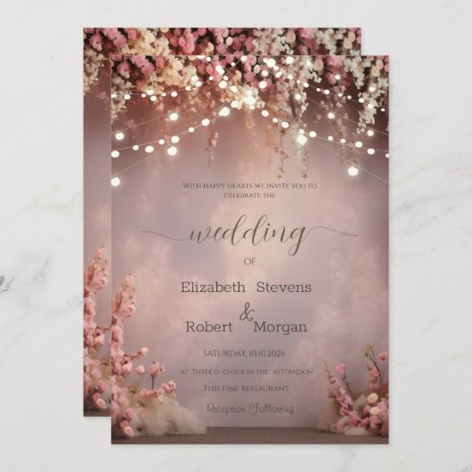 Blush Flowers String Lights Wedding Einladung (Vorne/Hinten)