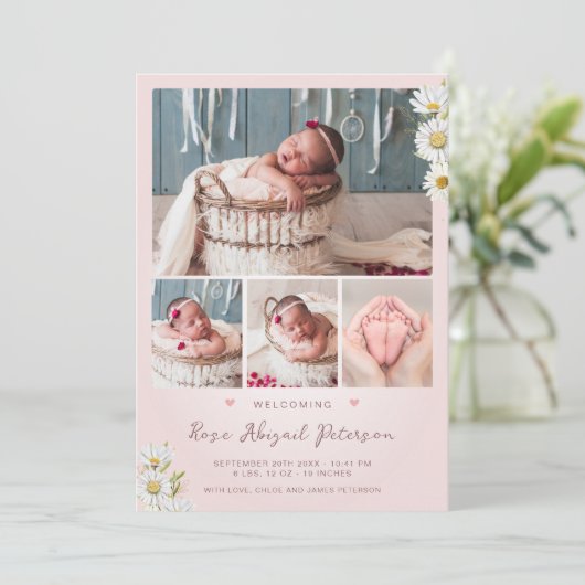 Blush Foto Begrüßung des Neugeborenen-Mädchen Gebu Ankündigung (Stehend Vorderseite)