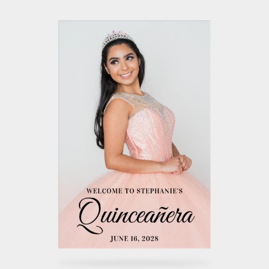 Blush Foto Overlay Elegantes Script Quinceañera Acrylschild (Vorderseite)