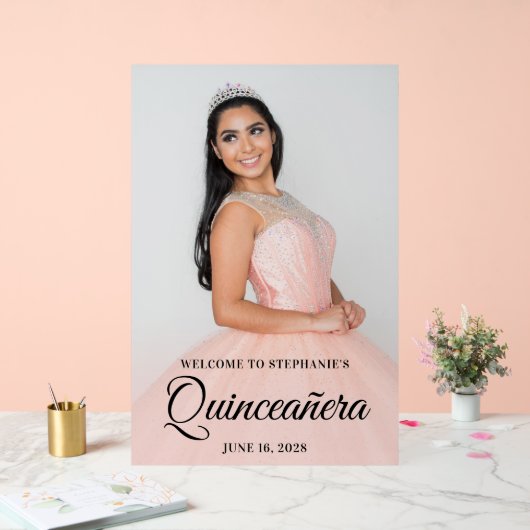Blush Foto Overlay Elegantes Script Quinceañera Acrylschild (Hochzeit)