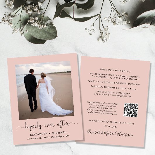 Blush Foto QR Code Hochzeitsempfang Einladung