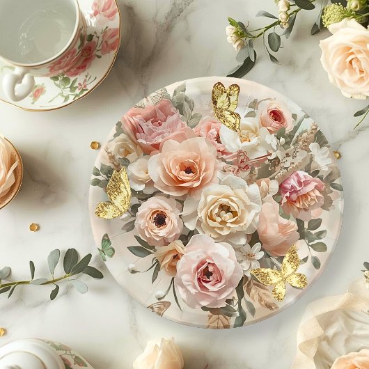 Blush Garden Roses Galentine Tea Party Florals Pappteller