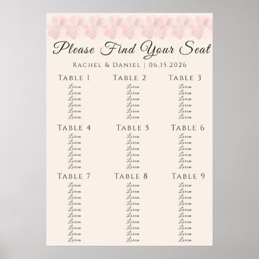 Blush-Garten Floral Minimal Hochzeit Sitzplan Poster (Vorne)