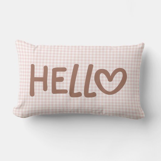 Blush Gingham Mocha Whimsical Heart Hello Lendenkissen (Vorderseite)