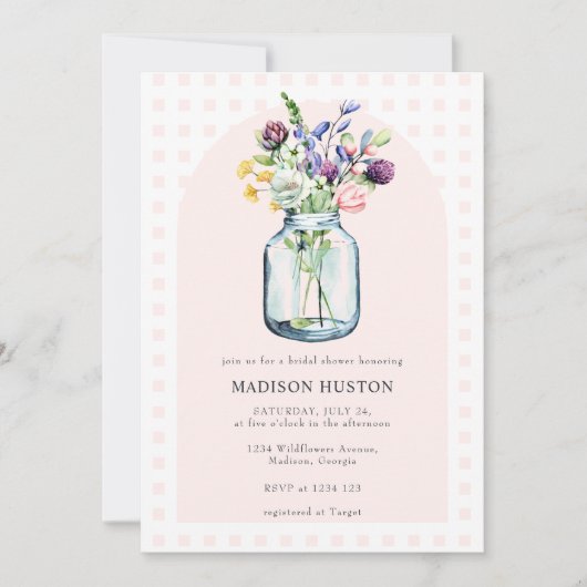 Blush Gingham & Wildblume Mason Jar Brautparty Einladung (Vorderseite)