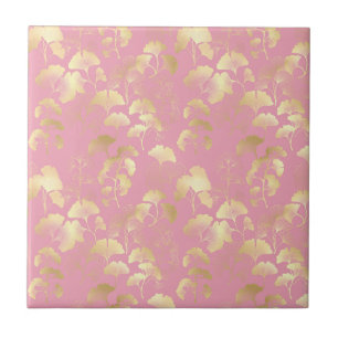 Blush Ginkgo Luxe – Gold Botanical auf Pink (7) Fliese