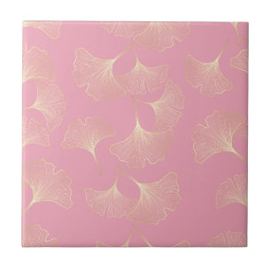 Blush Ginkgo Luxe – Gold Botanical auf Rosa (4) Fliese