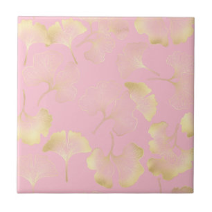 Blush Ginkgo Luxe – Gold Botanical auf Rosa (5) Fliese